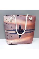 Galata Kulesi Desenli Plaj Çantası-Lila - Görsel 3