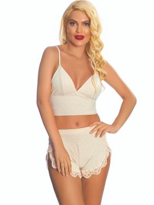 Ekru Lcralı Babydoll Şortlu Takım - 319 - Beden L/XL