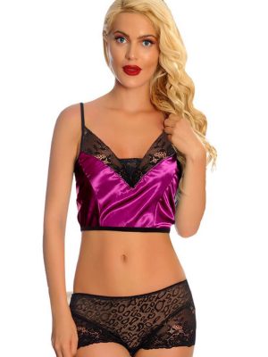 Mor Saten Dantelli Babydoll Şortlu Takım - 287 - Beden L/XL