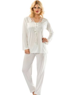 Ekru Penye Pijama Takımı - 1556 - Beden L