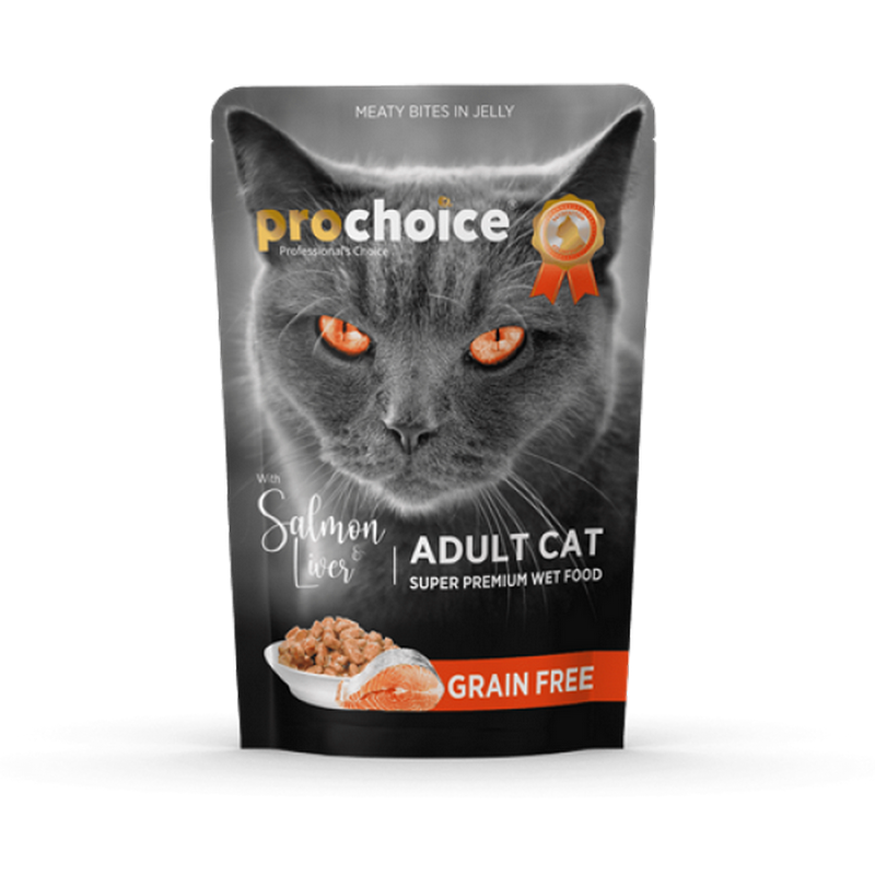 1138300_217PROCHOICE-MEATY-BITES-IN-JELLY-POUCH-SALMON-LIVER-85gr-1.png Prochoice 85 gr X 24 ADET Yetişkin Kediler İçin, Tahılsız, Jöle İçinde Somon Ve Ciğer Parça Etli Yaş Mama - Görsel 1