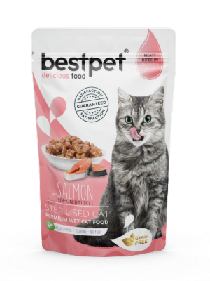 Bestpet 85 gr X 24 ADET Kısırlaştırılmış Kediler İçin Tahılsız, Jöle İçinde Somon Parça Etli Yaş Mama