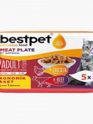 Bestpet 5x85 gr X 12 ADET  Yetişkin Kediler İçin, Tahılsız, Jöle İçinde Tavuk Etli, Sığır Etli Ekonomik Et Sofrası Paketi