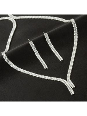 Tamtur Baget Taşlı Lüks Set Kolye 4 mm-Gümüş Rengi