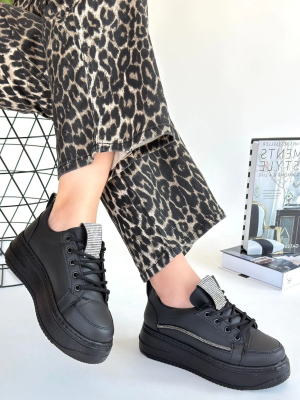 Leope Siyah Cilt Bağcıklı Spor Ayakkabı (Numara: 37)