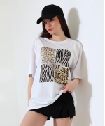 Karma Desenli Oversize Tişört Beyaz (Beden: M)