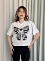 Oversize Beyaz Baskılı Crop Tişört (Beden: S)