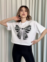 Oversize Beyaz Baskılı Crop Tişört (Beden: M) - Görsel 2