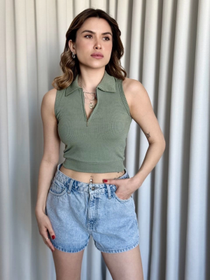 Kısa Fermuarlı Crop Haki (Beden: S)