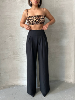 Pileli Keten Pantolon S255046 Siyah (Beden: M)
