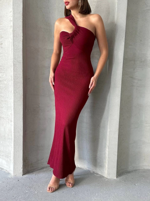 Krinkıl Tek Omuz Uzun Elbise Bordo S25455 (Beden: M)
