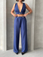 Crop Pantolon Keten Takım S255012 Lacivert (Beden: M)
