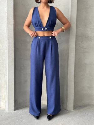 Crop Pantolon Keten Takım S255012 Lacivert (Beden: M)