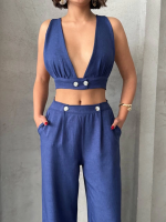 Crop Pantolon Keten Takım S255012 Lacivert (Beden: Xl) - Görsel 3