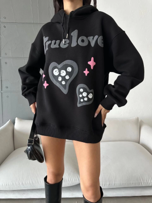 3 İplik Şardonlu Oversize True Baskılı Sweat Siyah (Beden: L)