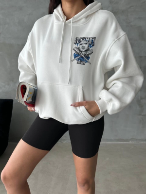 3 İplik Şardonlu Oversize Kafa Baskılı Sweat Beyaz (Beden: L)