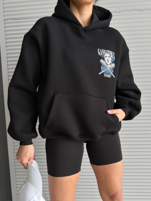 3 İplik Şardonlu Oversize Kafa Baskılı Sweat Siyah (Beden: S)