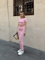 Çizgili Etekli Takım Pembe S3609 (Beden: M) - Görsel 6