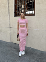 Çizgili Etekli Takım Pembe S3609 (Beden: M) - Görsel 5
