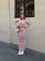 Çizgili Etekli Takım Pembe S3609 (Beden: L)