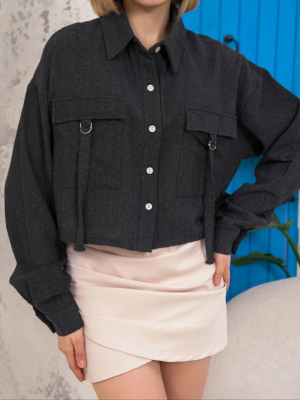 Kemer Cepli Keten Crop Gömlek Siyah S255350 (Beden: M)