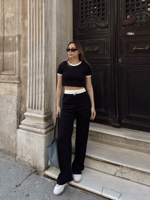 Crop Pantolon Biyeli Takım Siyah (Beden: L)