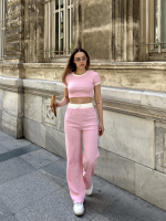 Crop Pantolon Biyeli Takım Pembe (Beden: S)
