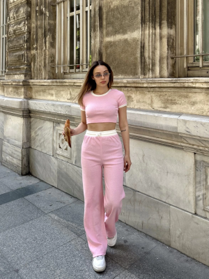 Crop Pantolon Biyeli Takım Pembe (Beden: S)