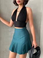 Pileli Düğmeli Etek Yeşil S24811 (Beden: M)