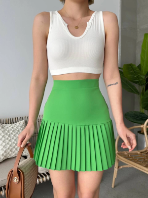 Altı Pliseli Mini Etek Yeşil S24705 (Beden: L)