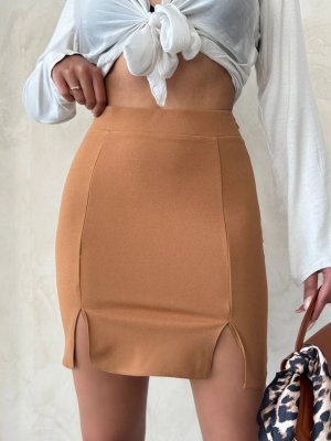 Çift Yırtmaçlı Etek Camel S25910 (Beden: S)
