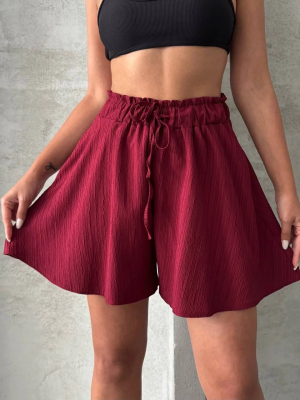 Volanlı Keten Şort Bordo S255058 (Beden: S)