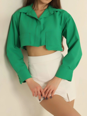 Poplin Crop Gömlek Yeşil S3060 (Beden: 36)
