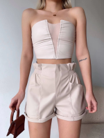 Tüllü Deri Crop Bej W24615 (Beden: L) - Görsel 4