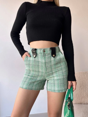 Çıtçıtlı Siyah Köprü Tüvit Şort Yeşil (Beden: M)