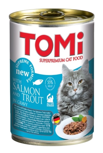 62d84a04f246a7a0da826c0bdc51530f.jpg TOMI KEDI SOMONLU ALABALIKLI YAŞ MAMA 400 GR X 6 ADET - Görsel 1