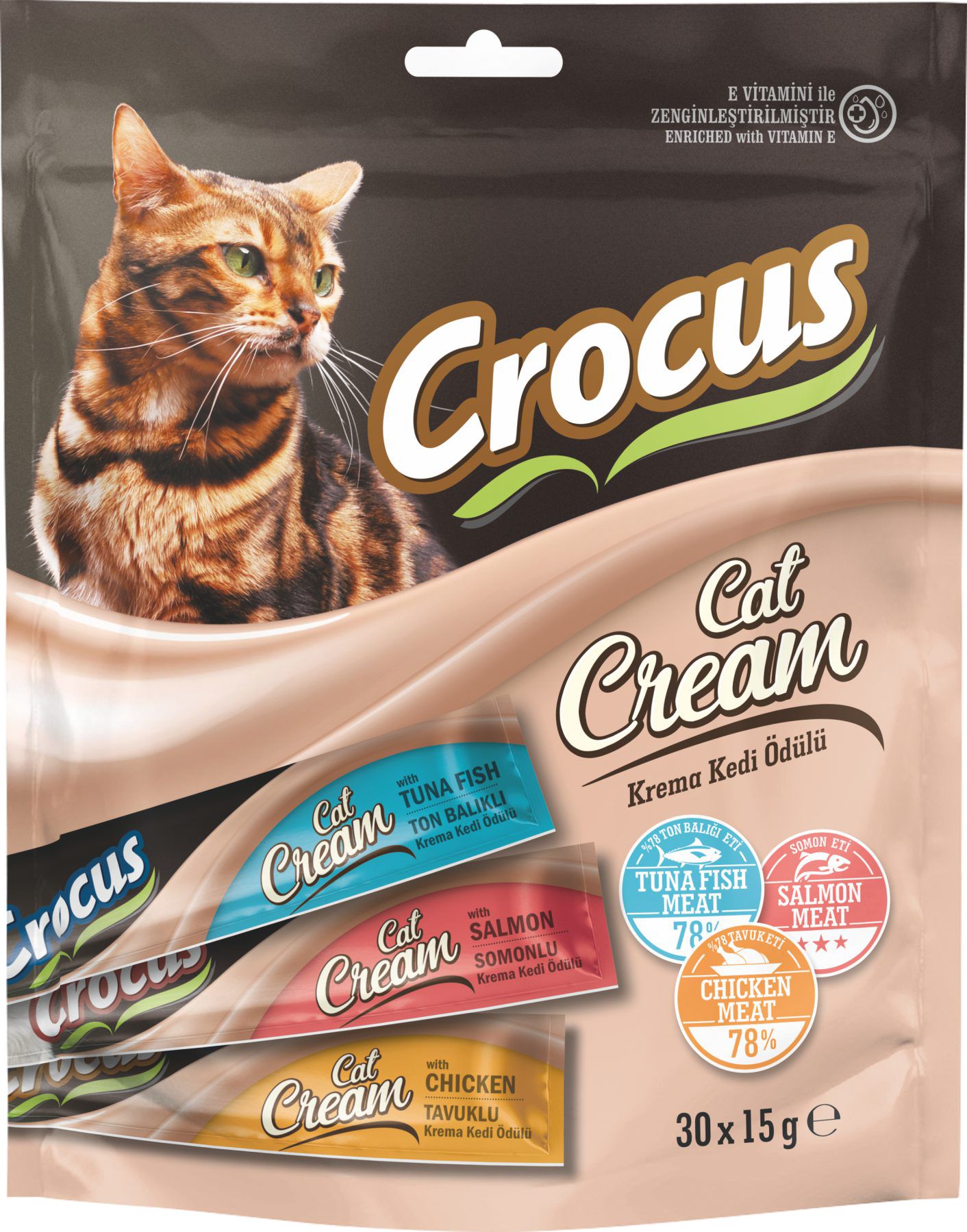 8a90a50ab6f76e141f2a19e5d7616b5e.jpg Crocus Çoklu Tavuklu & Ton Balıklı & Somonlu Krema Kedi Ödülü 30x15g - Görsel 1