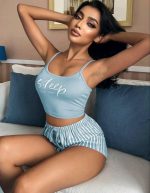 Kadın Mavi Çizgili Desenli Askılı Şortlu Pijama Takım 5001 - Görsel 3