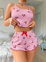 Kadın Pembe Kiraz Desenli Askılı Şortlu Pijama Takım 5044 - Görsel 2