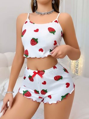 Kadın Beyaz Çilek desenli Şortlu Pijama Takımı 5053
