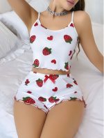 Kadın Beyaz Çilek desenli Şortlu Pijama Takımı 5053 - Görsel 3