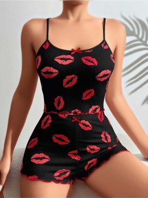 Kadın Siyah Dudak Desenli Şortlu Pijama Takımı 5057