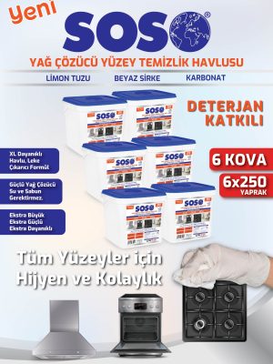 6 adet X 250 Yaprak - Soso Özel Formüllü Kova Yağ Çözücü Yüzey Temizleme Mendili
