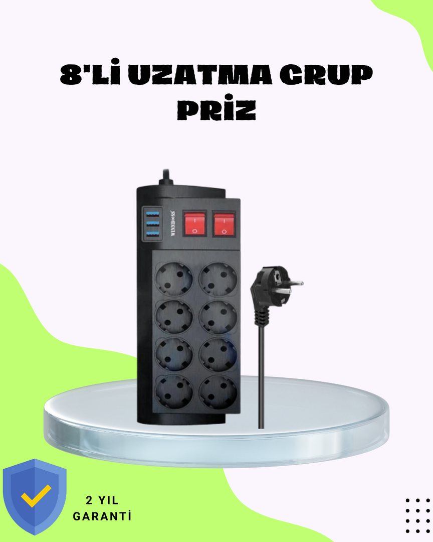 1243766_5-6.png Termal Korumalı 8 Prizli 3 USB’li Uzatma Kablosu - Görsel 1