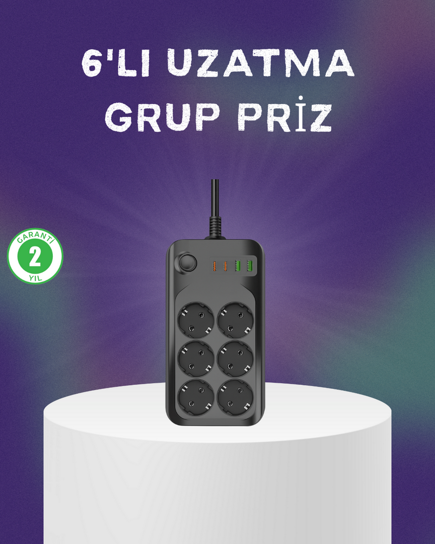 1244439_6-38.png 6 Prizli Çoklu Uzatma Kablosu USB Type-C Hızlı Şarj Termal Koruma - Görsel 1
