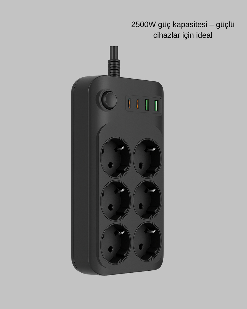 1244440_10-37.png USB Type-C Destekli Termal Korumalı 6’lı Uzatma Priz 10A 2m - Görsel 5