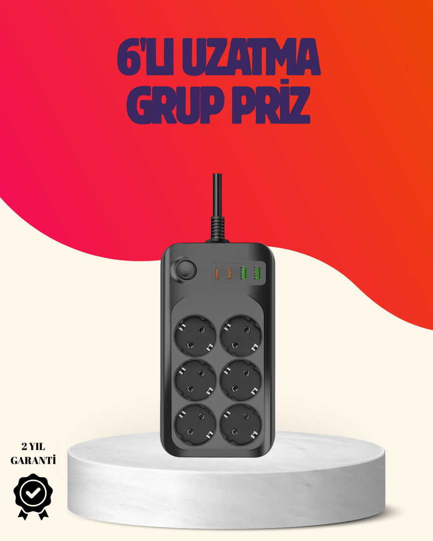 1244440_5-38.png USB Type-C Destekli Termal Korumalı 6’lı Uzatma Priz 10A 2m - Görsel 1