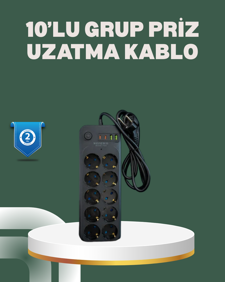 1244445_5-37.png Termal Koruma Sistemli USB Type-C 10’lu Grup Priz 2m 2500W Güç Kapasiteli - Görsel 1
