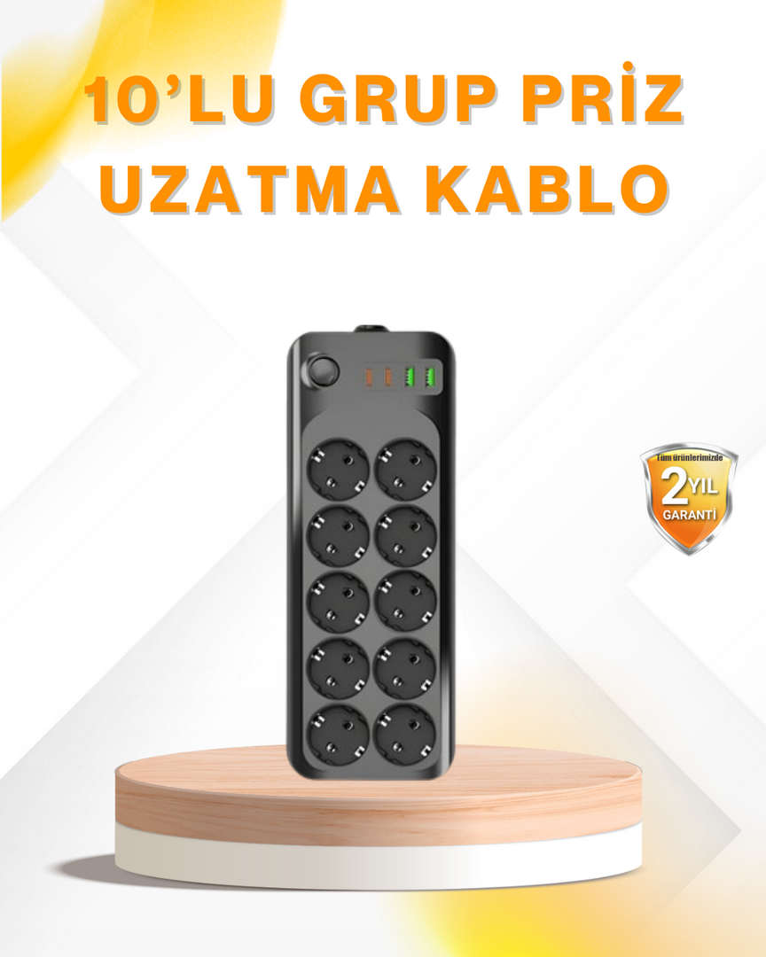 1244448_2-36.png 10’lu Çoklu Priz Termal Korumalı USB Type-C Çıkışlı 2500W Uzatma Kablosu - Görsel 1