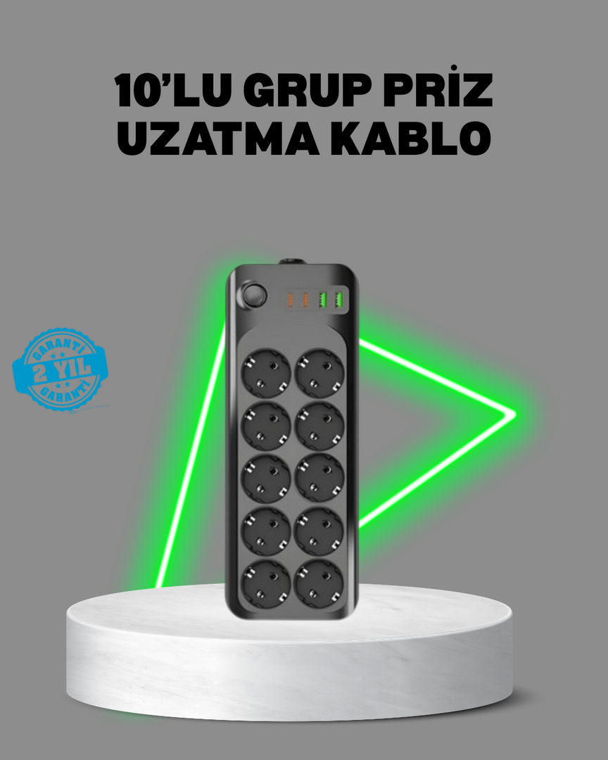 1244449_1-36.png Termal Akım Korumalı 10’lu Grup Priz USB Type-C Hızlı Şarj 2500W 2m Kablo - Görsel 1